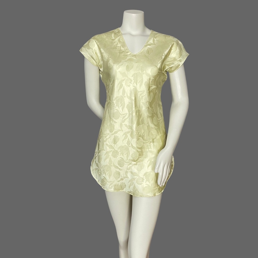 Vintage Satin Nightgown Mini Pale Yellow Floral V-Neck Coquette Feminine Summer